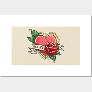 Heart, rose flowers, ribbon and word Love Posters and Art